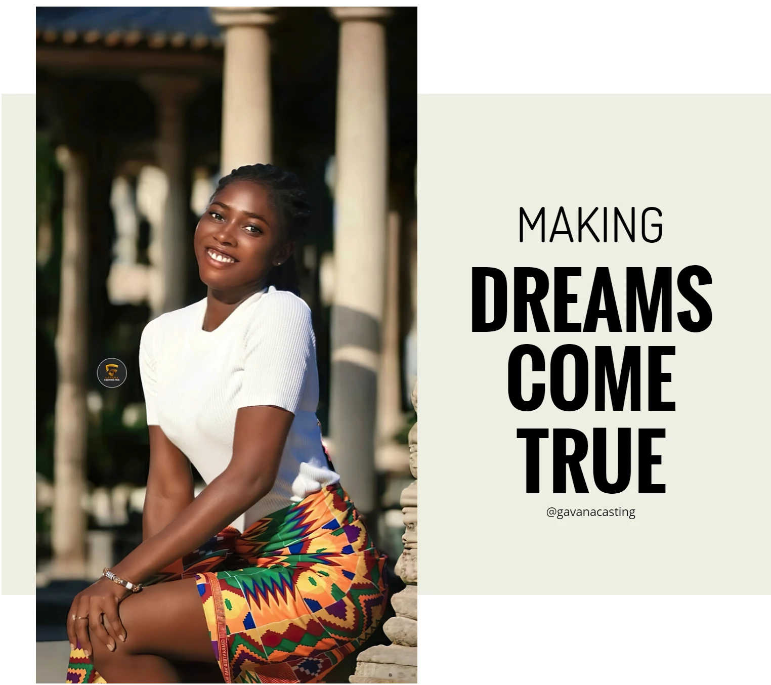 A beautiful Gavanaian Model wearing Kente and Posing with a gorgeous smile